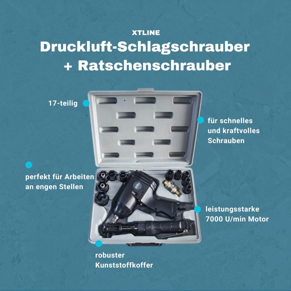 XTLINE Druckluft-Werkzeugset | Flüsterkompressor 24L, Schlagschrauber 310 Nm, Ratschenschrauber & umfangreiches Zubehör – Bild 3