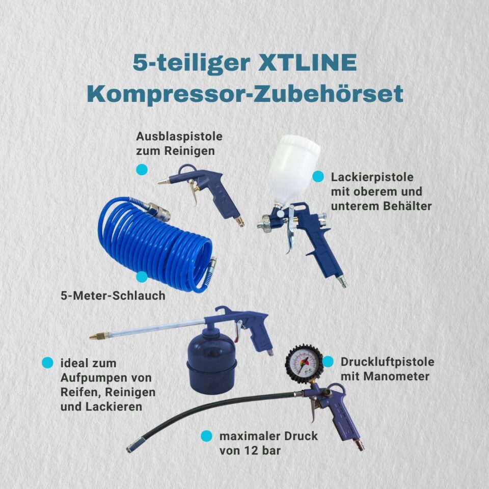 XTLINE Druckluft-Werkzeugset | Flüsterkompressor 24L, Schlagschrauber 310 Nm, Ratschenschrauber & umfangreiches Zubehör – Bild 2