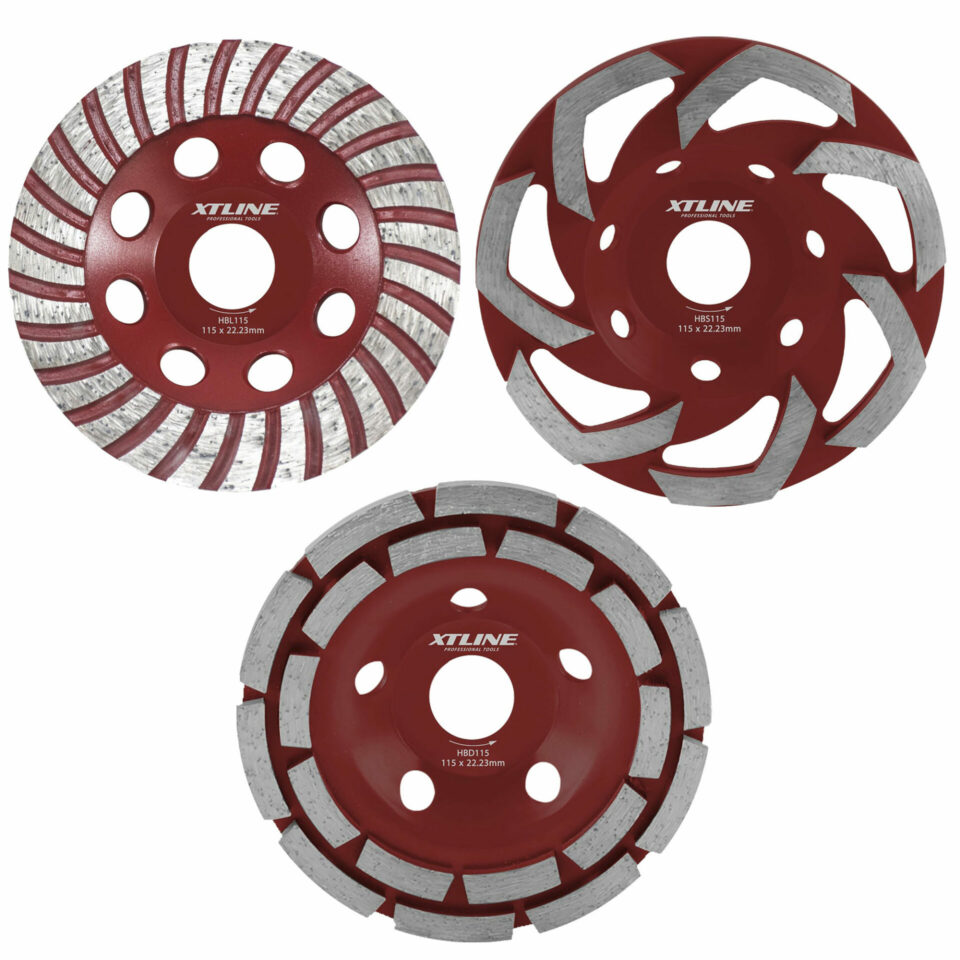 XTLINE 3 Diamantschleiftöpfe 125 mm im Set - unterschiedliche Materialabtragung und Rauheit